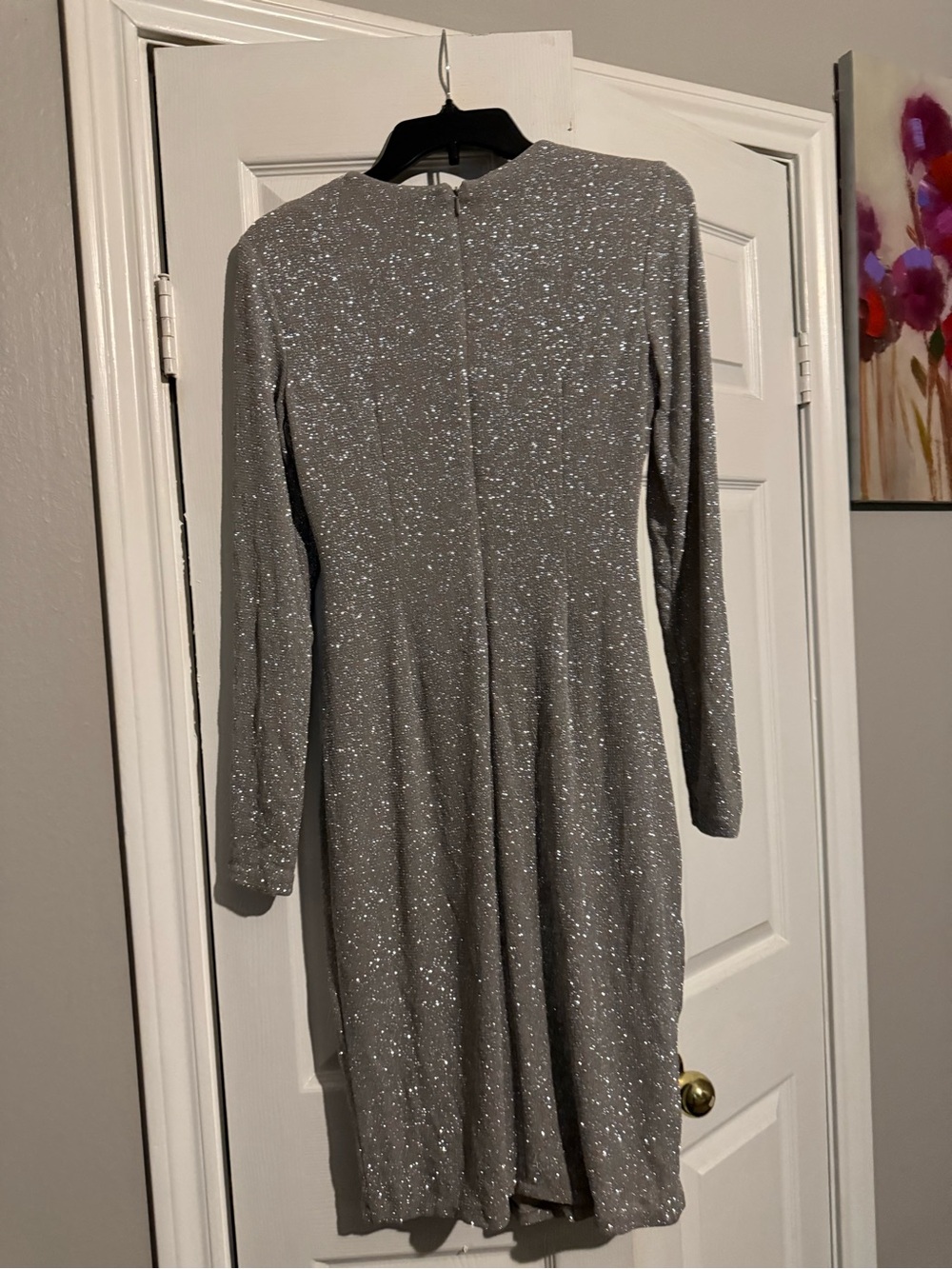 Calvin Klein Silver Glitter Long-Sleeve Ruched Wrap Dress - Picture 6 of 8